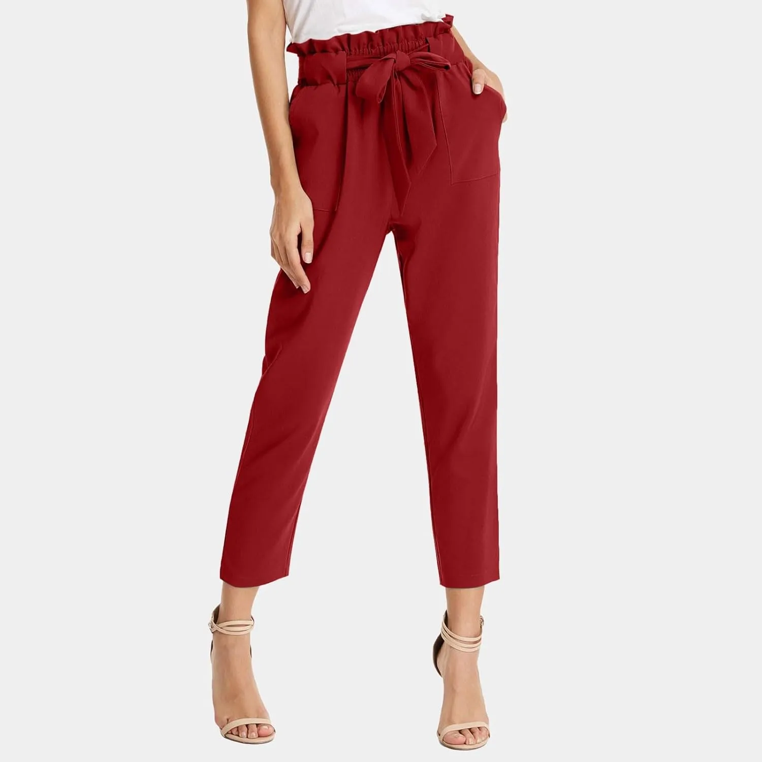 Women's Casual High Waist Pencil Pants Bow-Knot Cropped Paper Bag Trouser Elastic Waist Slim Suit Pants with Pockets