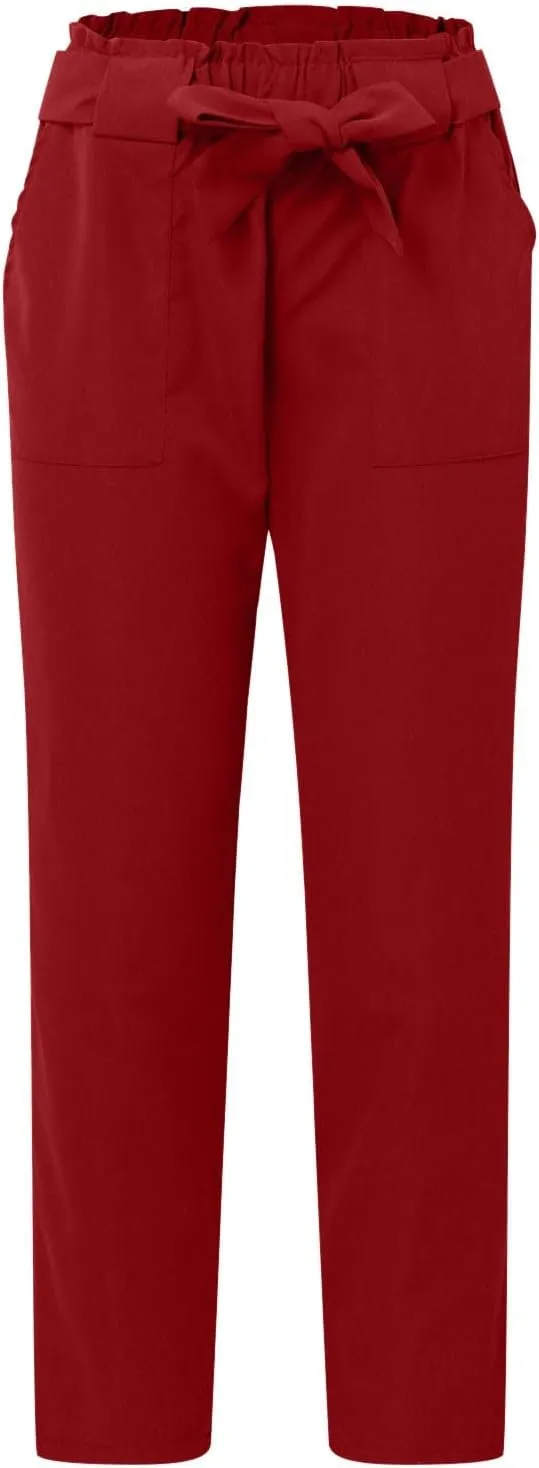 Women's Casual High Waist Pencil Pants Bow-Knot Cropped Paper Bag Trouser Elastic Waist Slim Suit Pants with Pockets