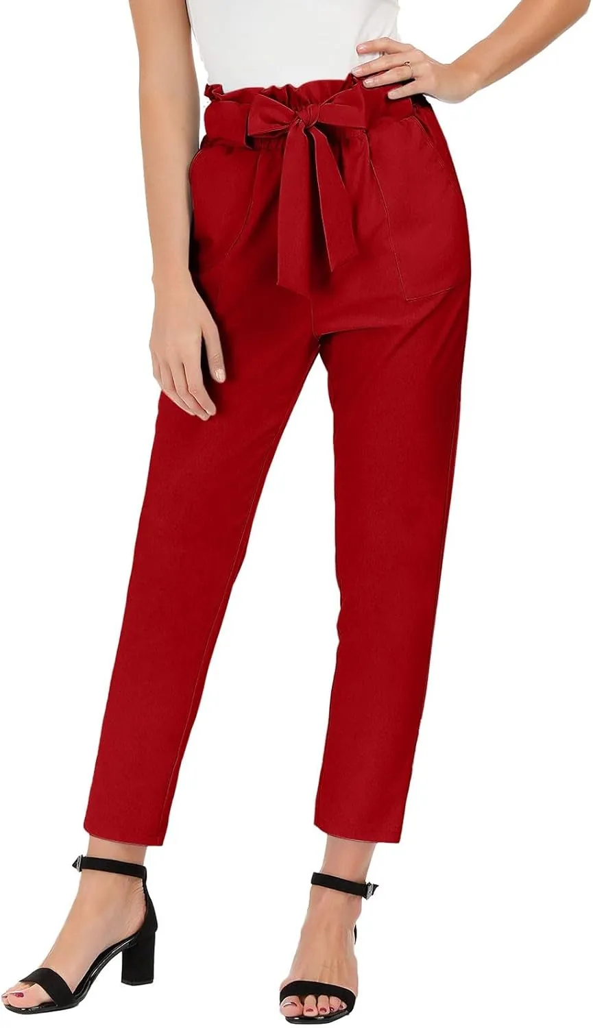 Women's Casual High Waist Pencil Pants Bow-Knot Cropped Paper Bag Trouser Elastic Waist Slim Suit Pants with Pockets