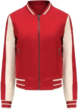 Women's Color Block Bomber Jacket Casual Waterproof Coat Zip Up Outerwear Windbreaker