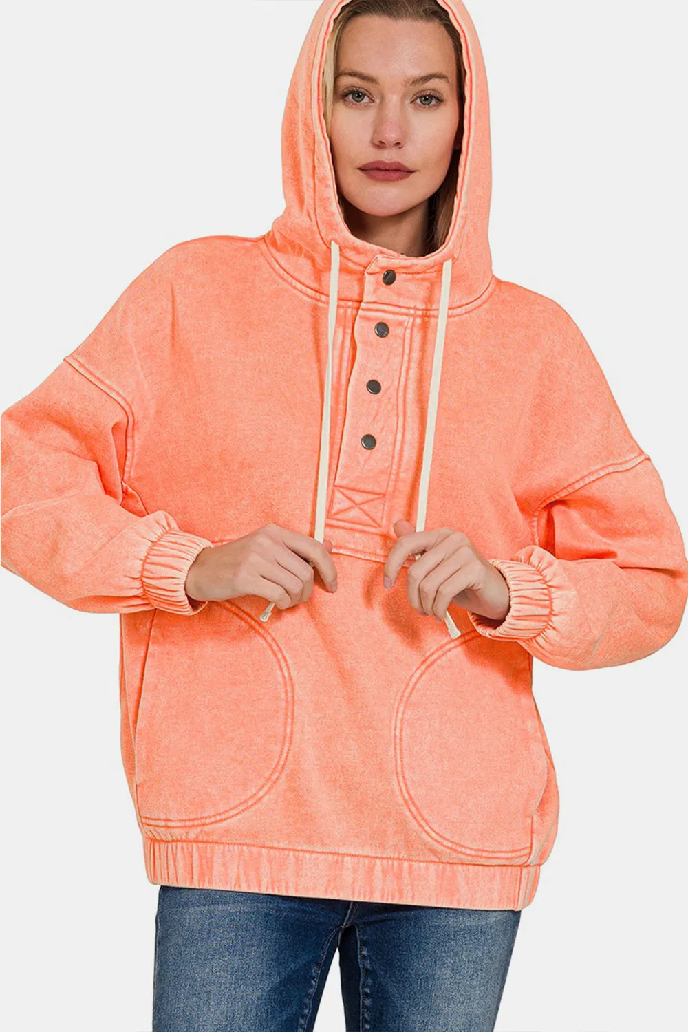 Women's Cozy Drawstring Hoodie with Half Snap Closure
