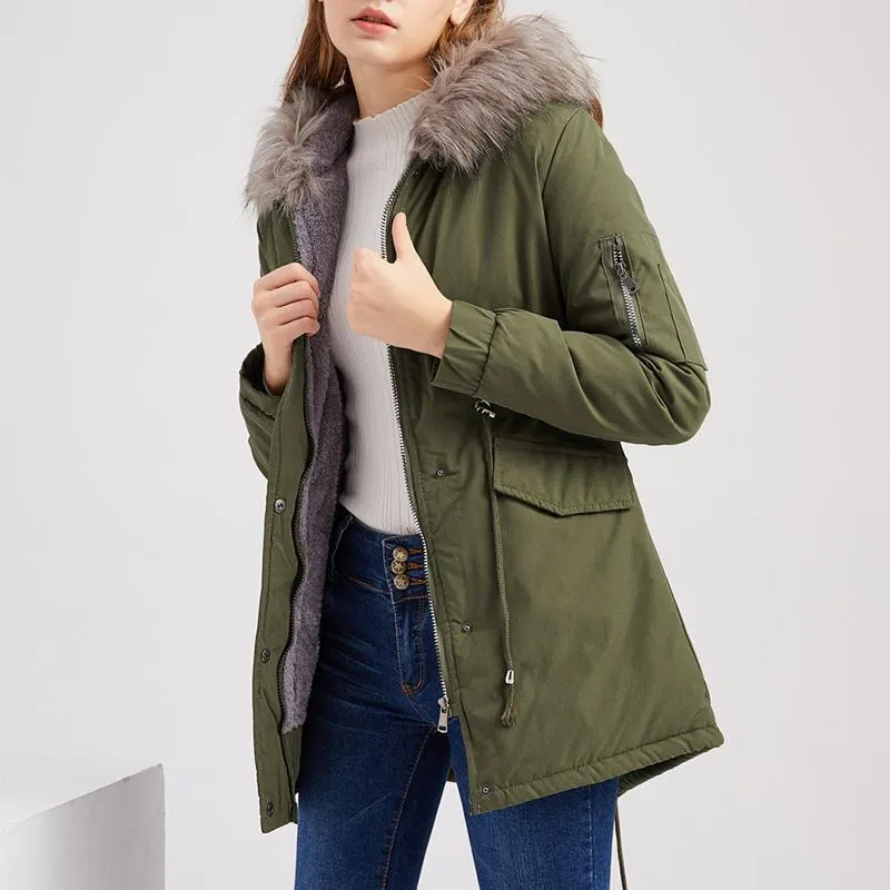 Women's fur collar cotton hooded overcoat winter warm coat with pocket