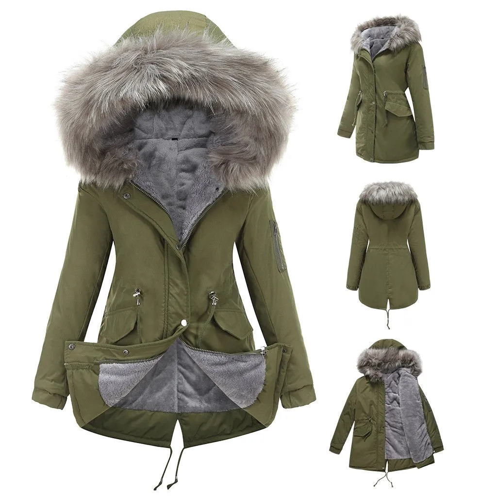 Women's fur collar cotton hooded overcoat winter warm coat with pocket