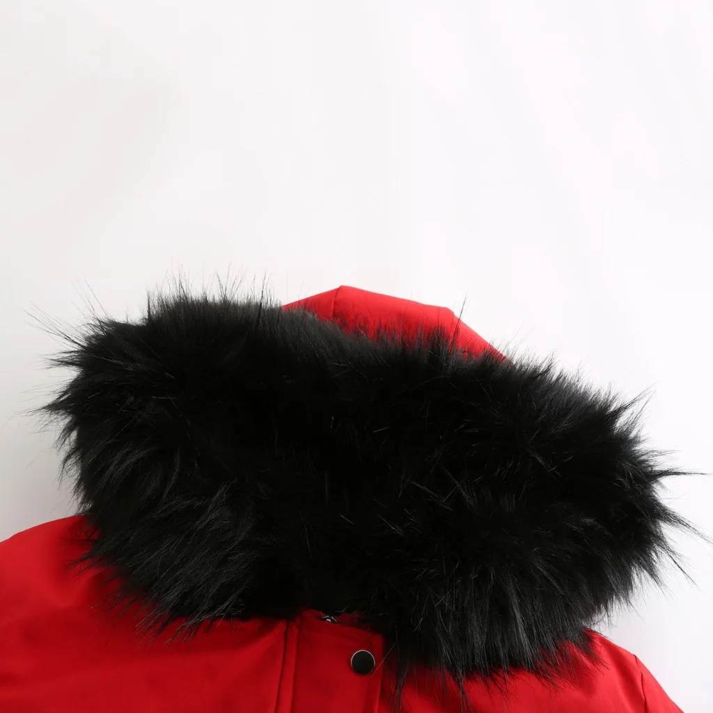 Women's fur collar cotton hooded overcoat winter warm coat with pocket