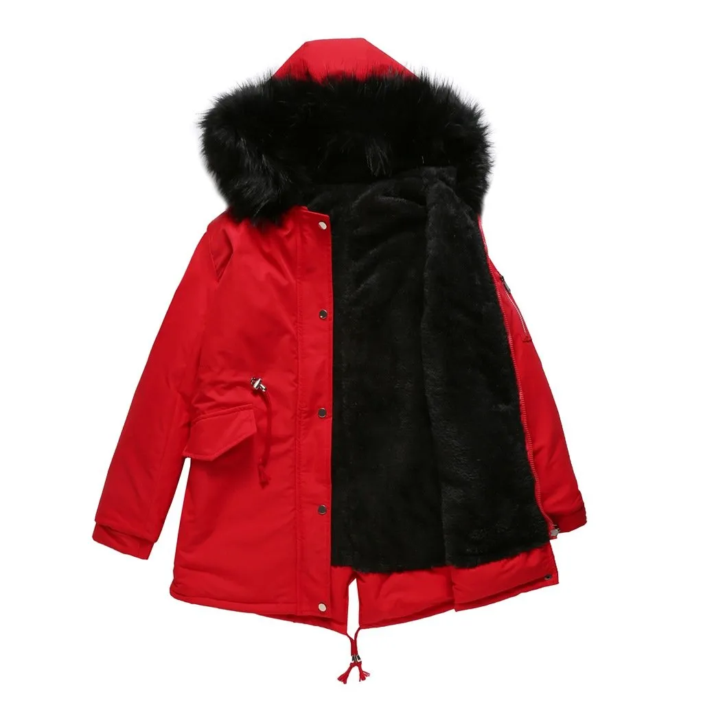 Women's fur collar cotton hooded overcoat winter warm coat with pocket