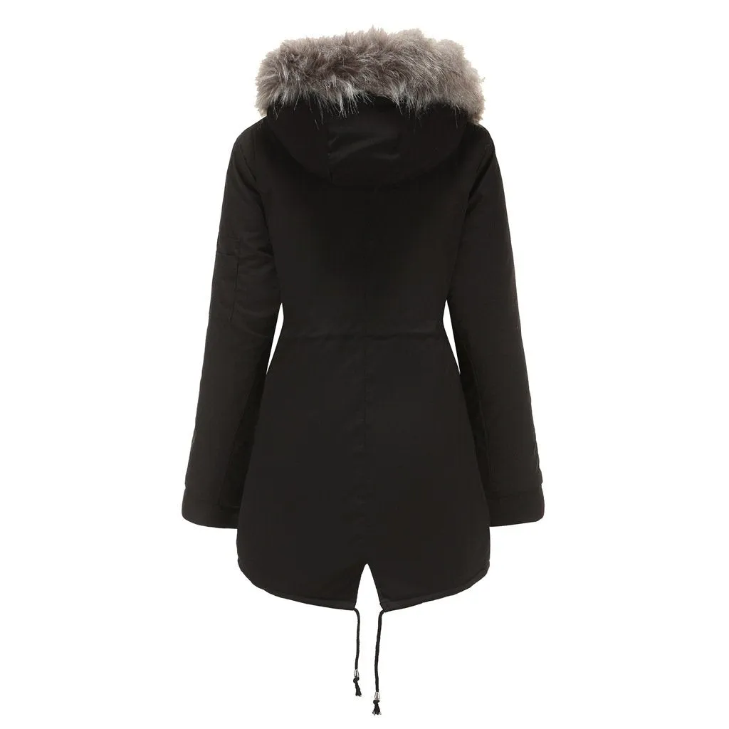 Women's fur collar cotton hooded overcoat winter warm coat with pocket