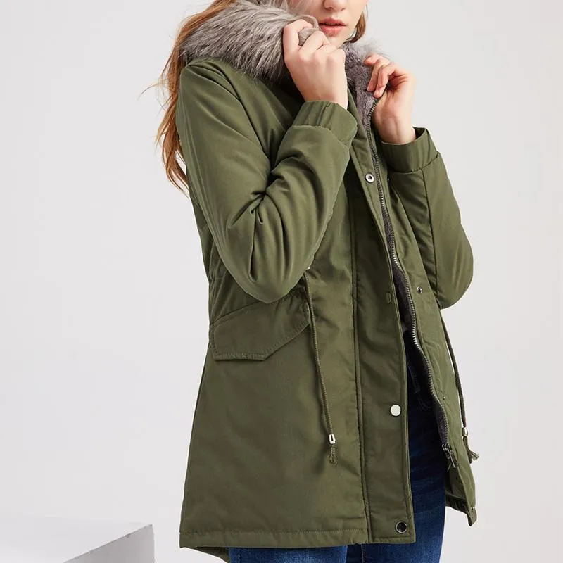 Women's fur collar cotton hooded overcoat winter warm coat with pocket