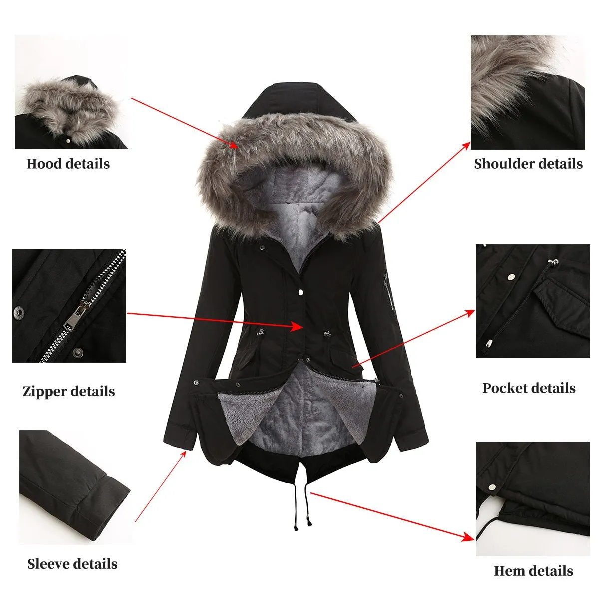 Women's fur collar cotton hooded overcoat winter warm coat with pocket