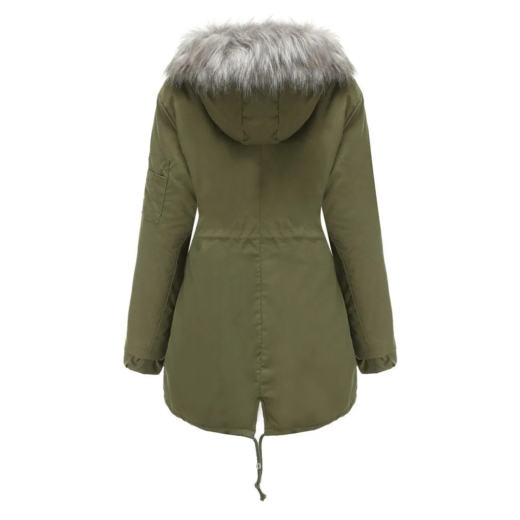 Women's fur collar cotton hooded overcoat winter warm coat with pocket
