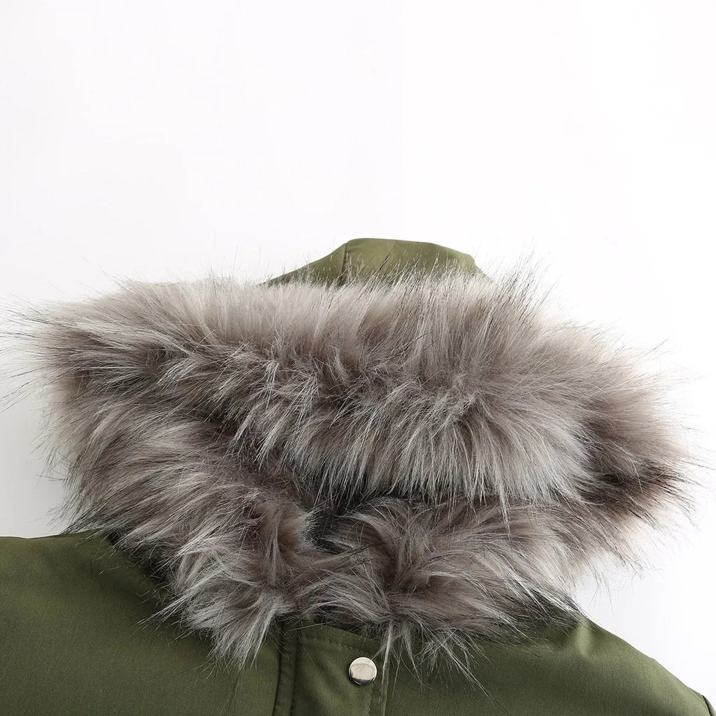 Women's fur collar cotton hooded overcoat winter warm coat with pocket
