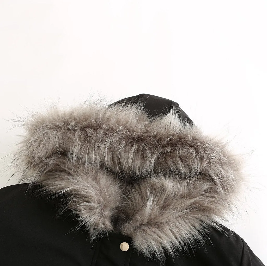 Women's fur collar cotton hooded overcoat winter warm coat with pocket