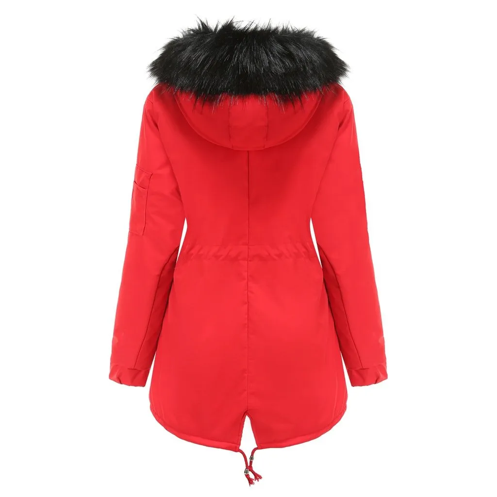 Women's fur collar cotton hooded overcoat winter warm coat with pocket