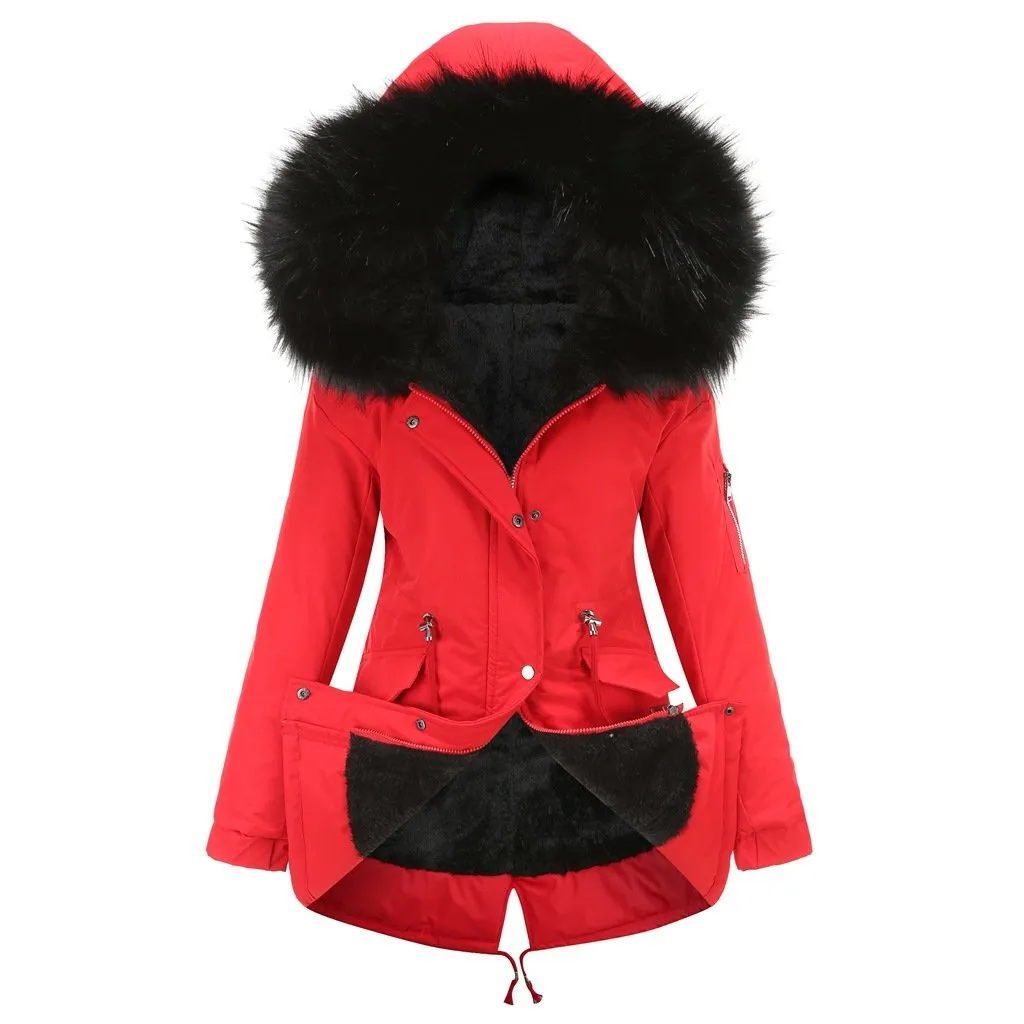 Women's fur collar cotton hooded overcoat winter warm coat with pocket