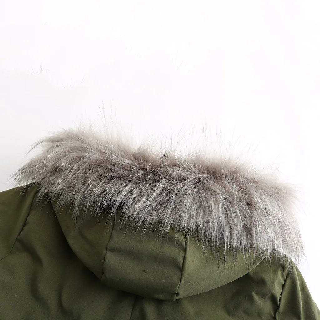 Women's fur collar cotton hooded overcoat winter warm coat with pocket