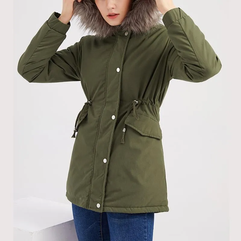 Women's fur collar cotton hooded overcoat winter warm coat with pocket
