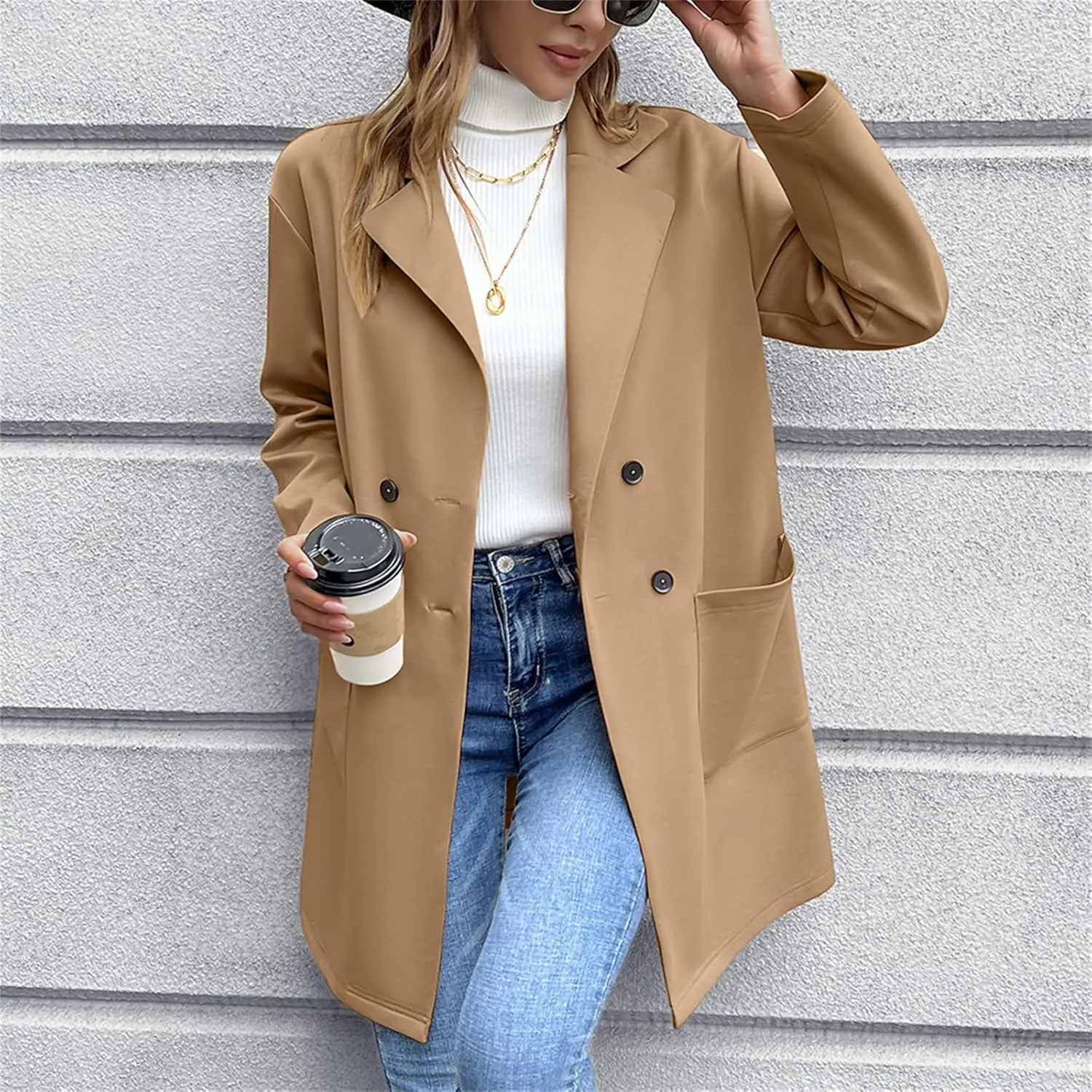 Women's Long Blazers Button Down Jackets Lapel Open Front Coats Long Sleeve Casual Loose Solid Outwear with Pockets