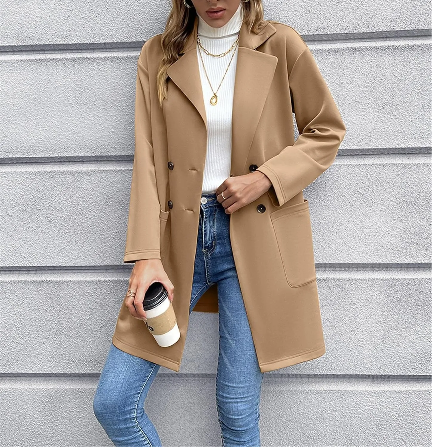 Women's Long Blazers Button Down Jackets Lapel Open Front Coats Long Sleeve Casual Loose Solid Outwear with Pockets