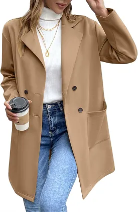 Women's Long Blazers Button Down Jackets Lapel Open Front Coats Long Sleeve Casual Loose Solid Outwear with Pockets