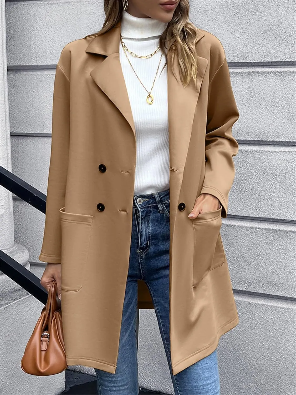 Women's Long Blazers Button Down Jackets Lapel Open Front Coats Long Sleeve Casual Loose Solid Outwear with Pockets