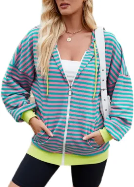 Womens Zip Up Hoodies,Color Block Striped Jackets,Oversize Casual Sweatshirts With Pocket,2024 Fall Fashion Outfits