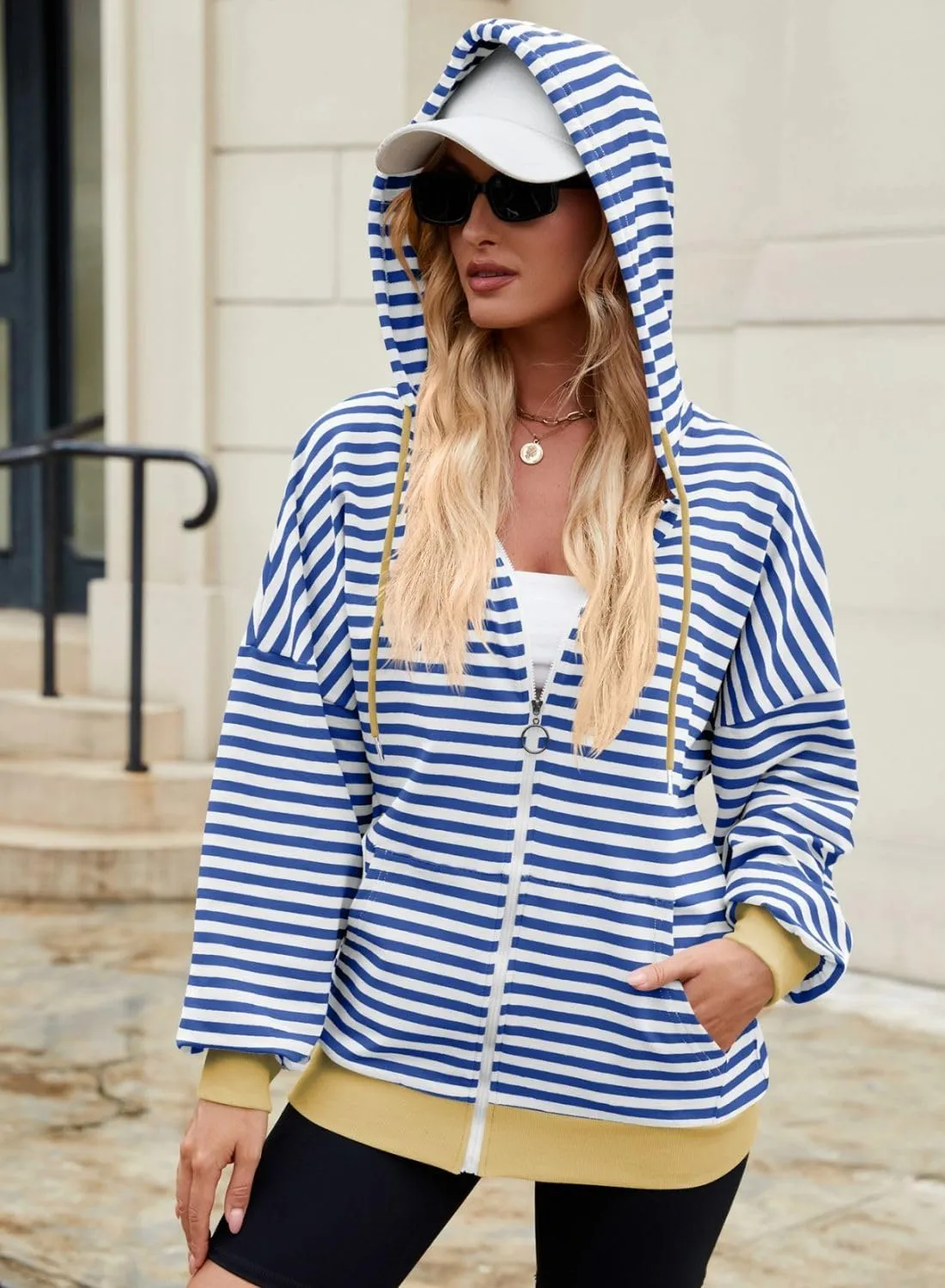 Womens Zip Up Hoodies,Color Block Striped Jackets,Oversize Casual Sweatshirts With Pocket,2024 Fall Fashion Outfits