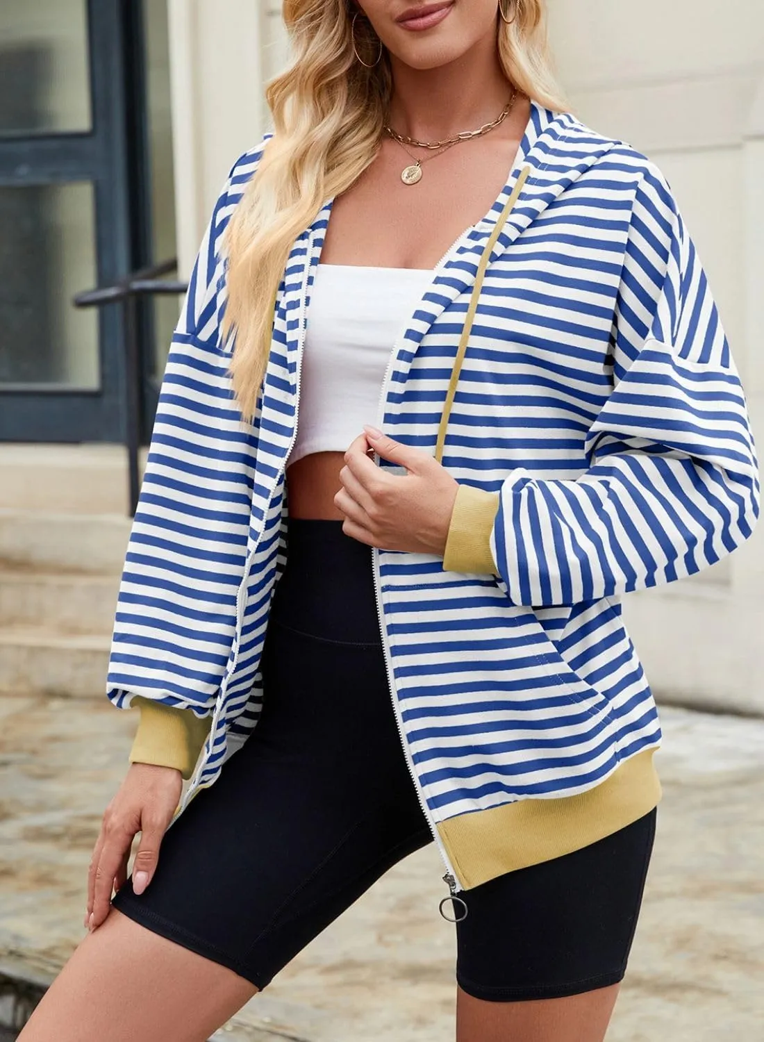 Womens Zip Up Hoodies,Color Block Striped Jackets,Oversize Casual Sweatshirts With Pocket,2024 Fall Fashion Outfits