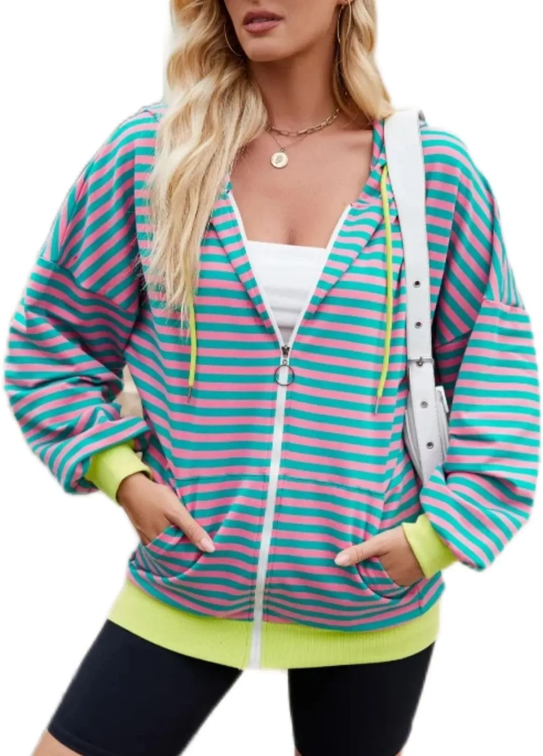 Womens Zip Up Hoodies,Color Block Striped Jackets,Oversize Casual Sweatshirts With Pocket,2024 Fall Fashion Outfits