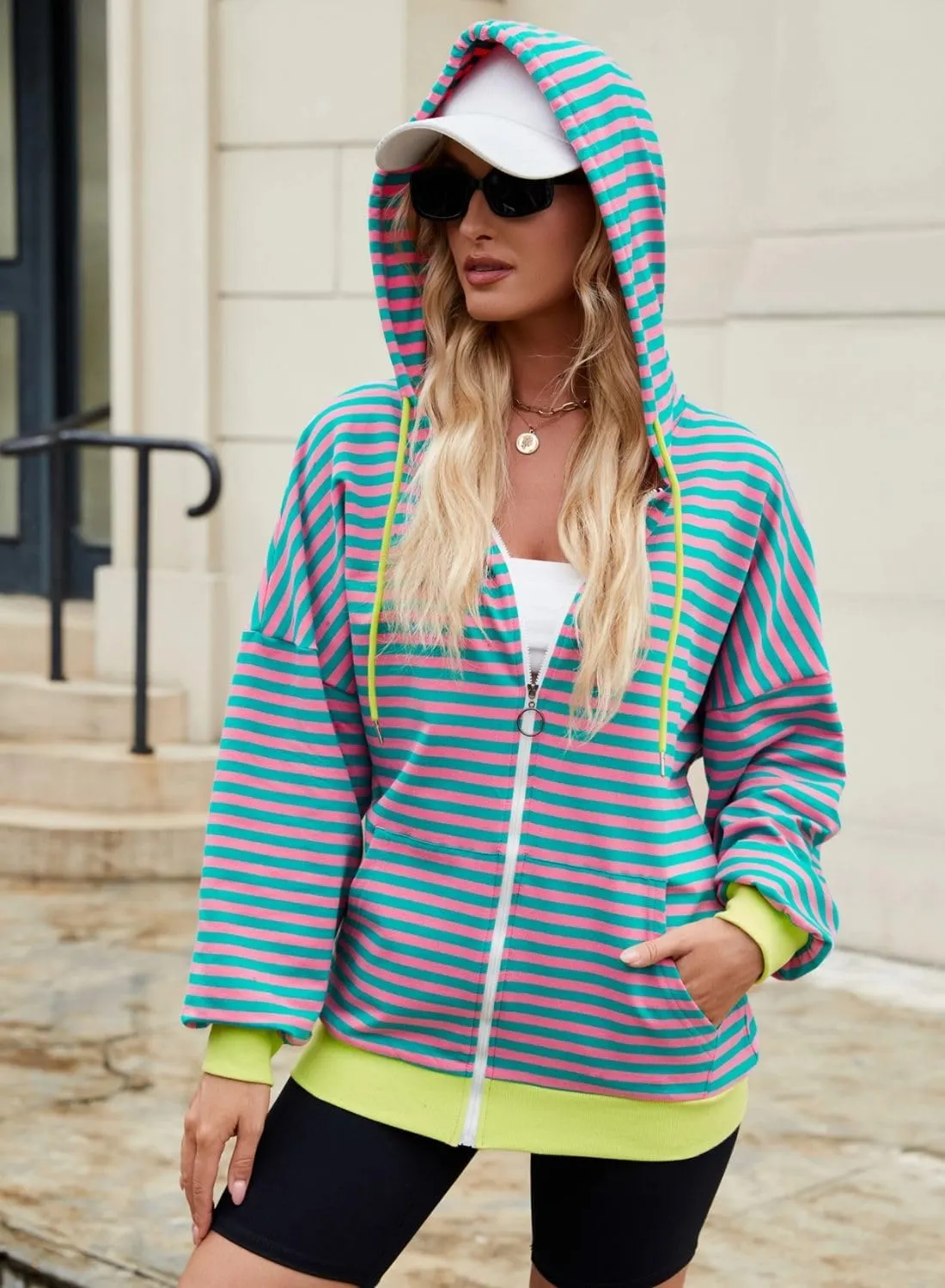 Womens Zip Up Hoodies,Color Block Striped Jackets,Oversize Casual Sweatshirts With Pocket,2024 Fall Fashion Outfits