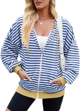 Womens Zip Up Hoodies,Color Block Striped Jackets,Oversize Casual Sweatshirts With Pocket,2024 Fall Fashion Outfits