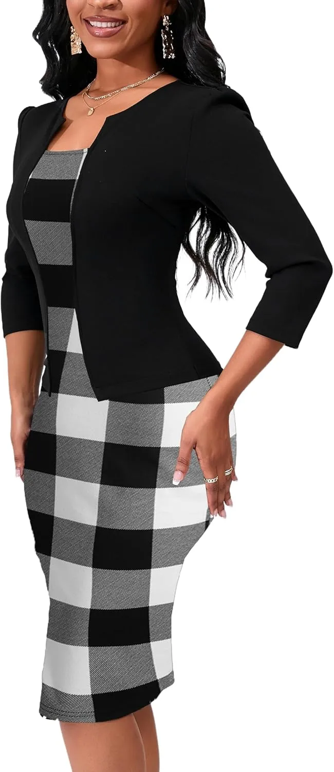 Yajedo Women's Reto Bodycon Midi Dresses 3/4 Sleeve Church Wear to Work Business Pencil Dress