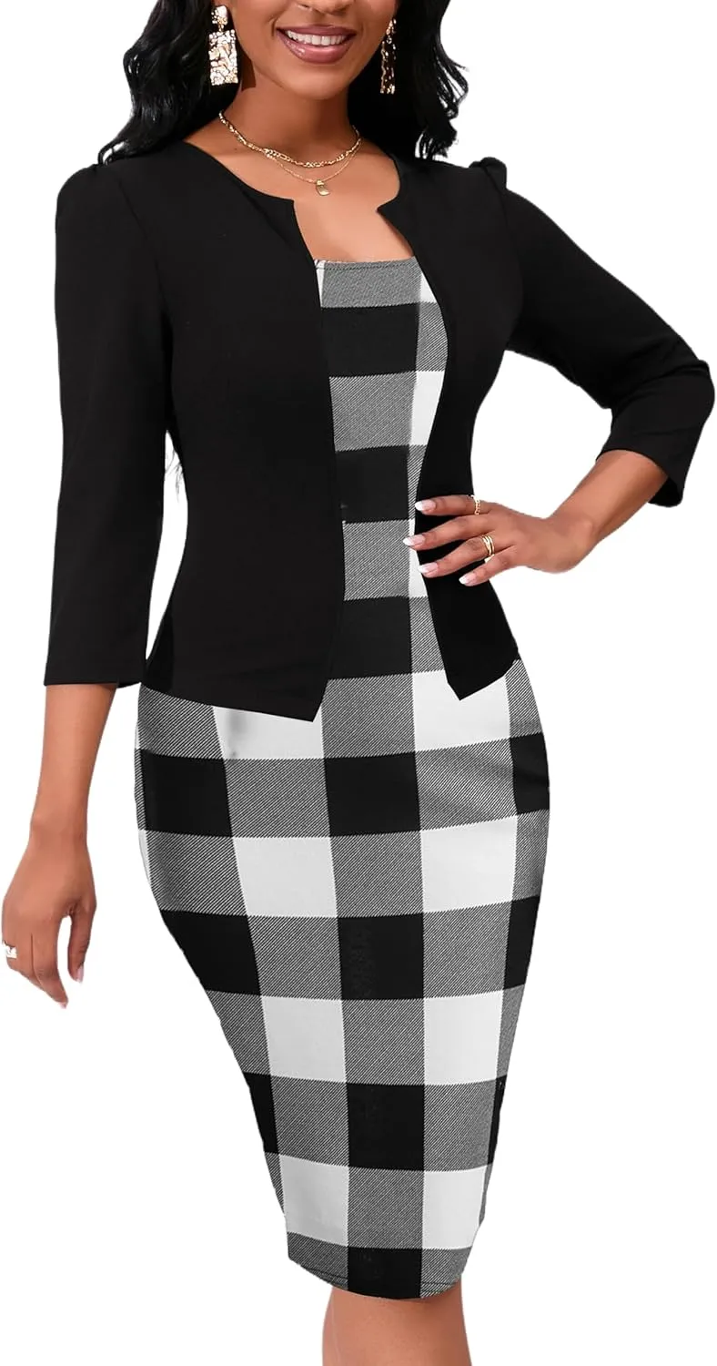 Yajedo Women's Reto Bodycon Midi Dresses 3/4 Sleeve Church Wear to Work Business Pencil Dress