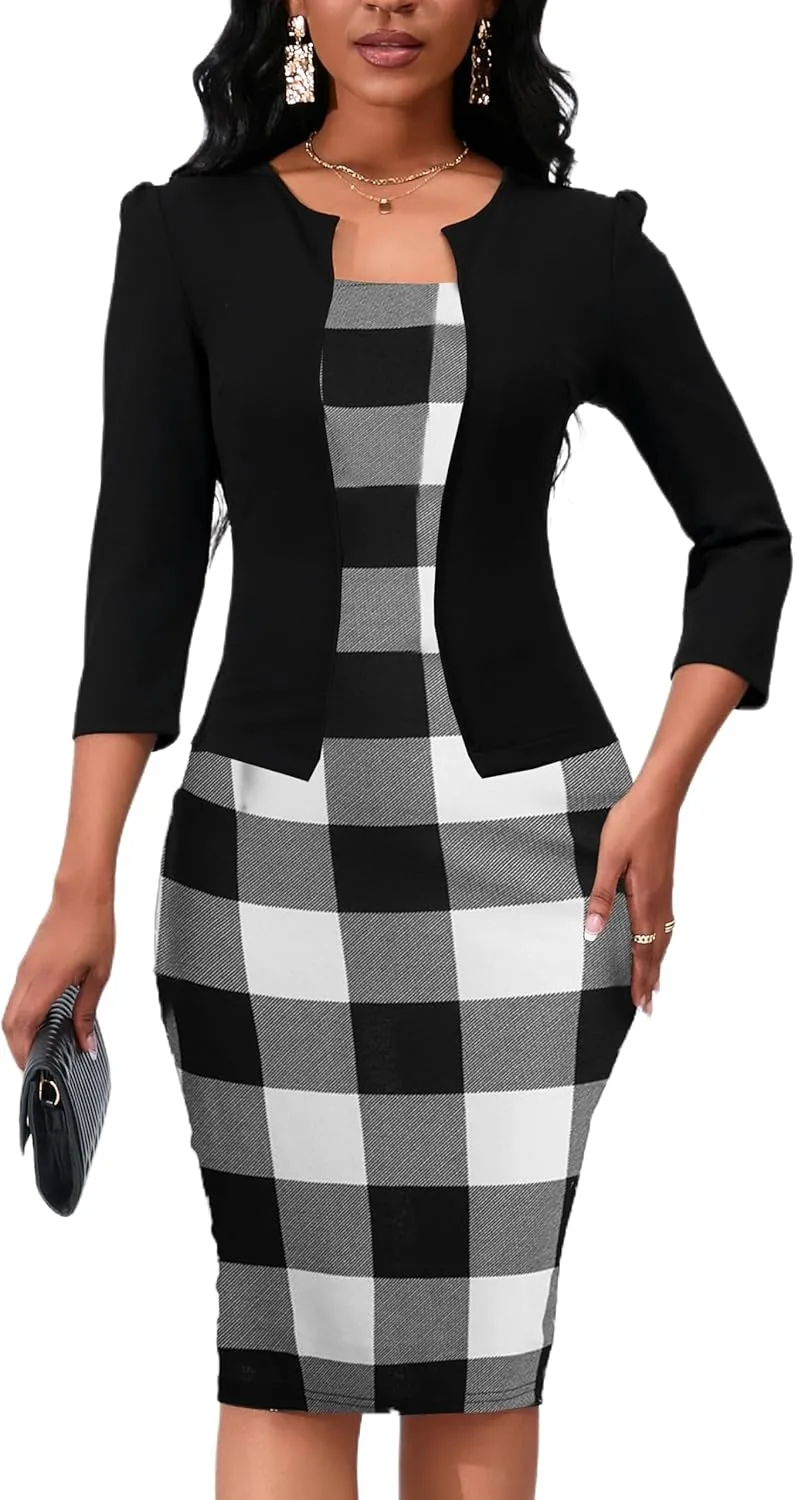 Yajedo Women's Reto Bodycon Midi Dresses 3/4 Sleeve Church Wear to Work Business Pencil Dress