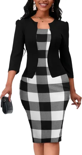 Yajedo Women's Reto Bodycon Midi Dresses 3/4 Sleeve Church Wear to Work Business Pencil Dress
