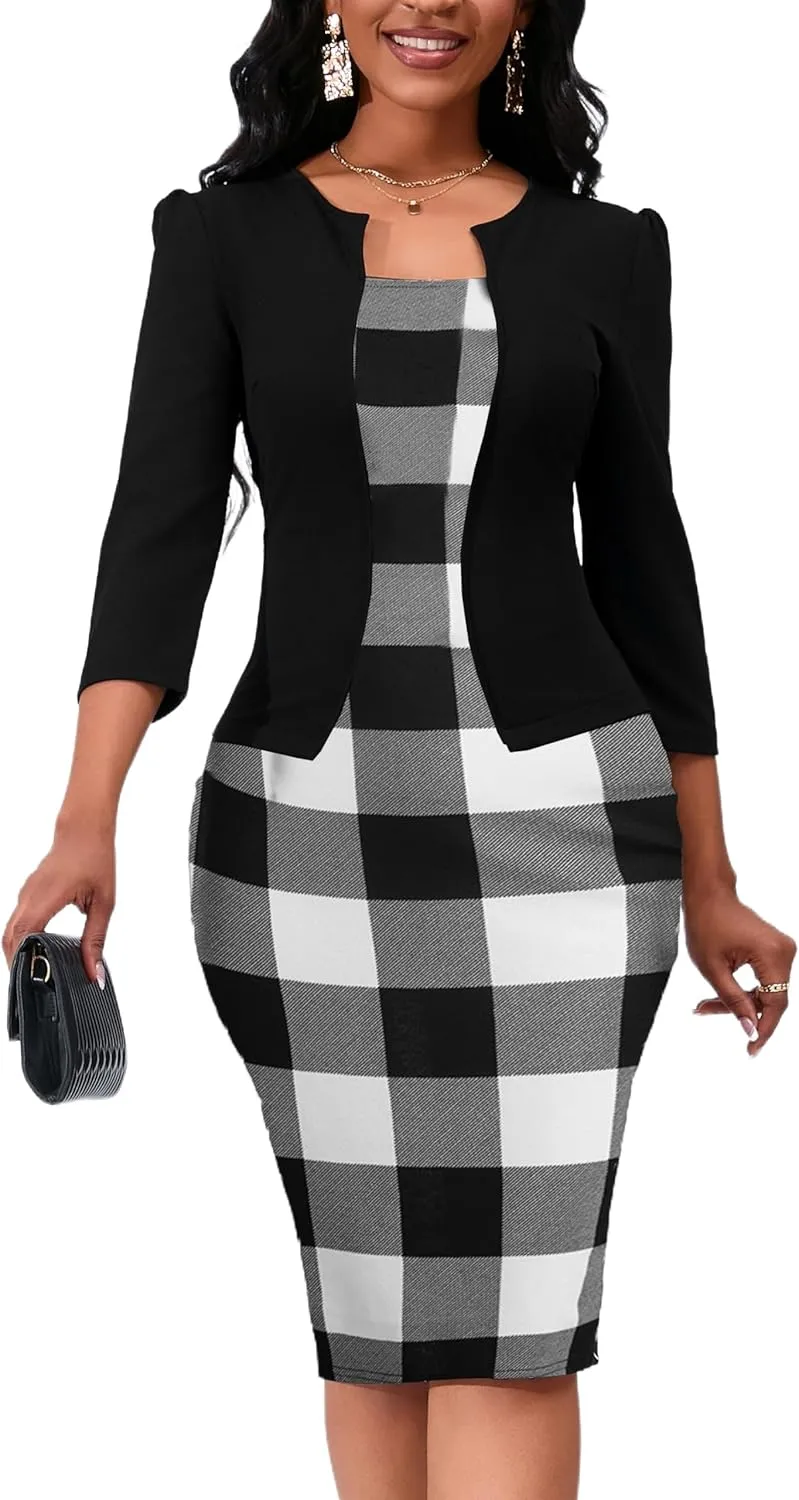 Yajedo Women's Reto Bodycon Midi Dresses 3/4 Sleeve Church Wear to Work Business Pencil Dress
