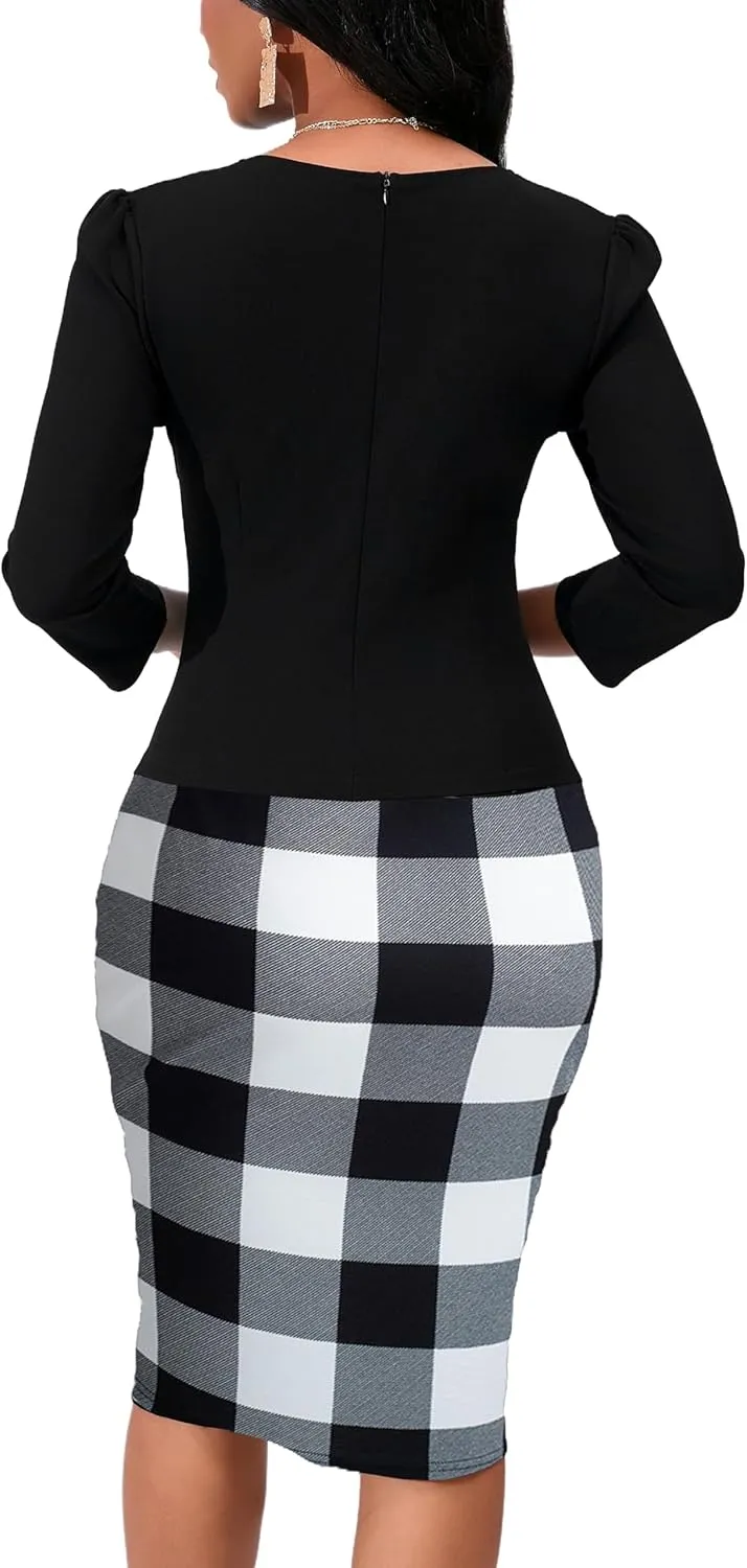 Yajedo Women's Reto Bodycon Midi Dresses 3/4 Sleeve Church Wear to Work Business Pencil Dress