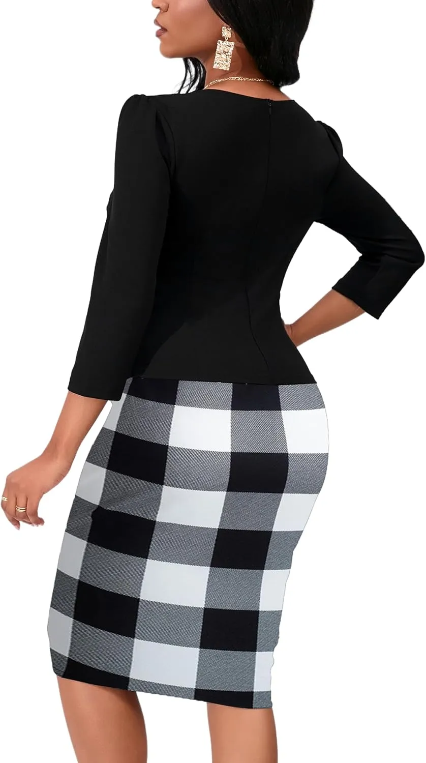 Yajedo Women's Reto Bodycon Midi Dresses 3/4 Sleeve Church Wear to Work Business Pencil Dress