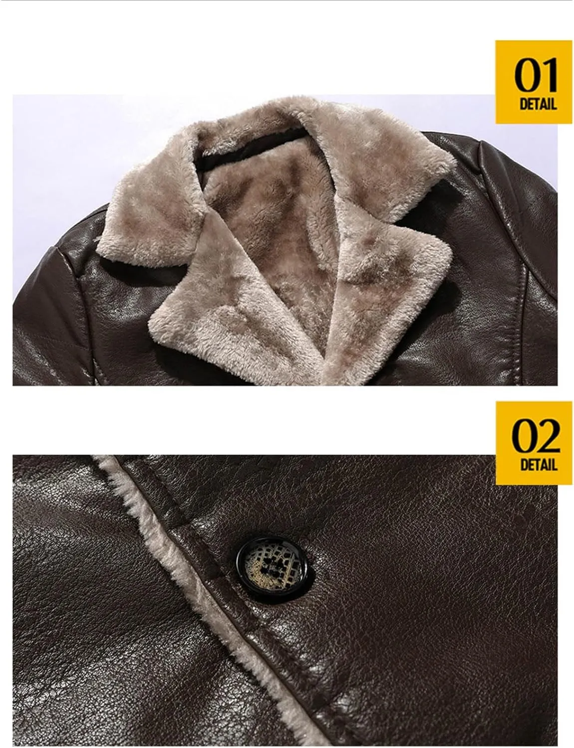 ZWRXW Mens PU Leather Long Jackets Faux Fleece Sherpa Lined Trench Coats Heavyweight Button Up Fur Collar Winter Warm Cloak